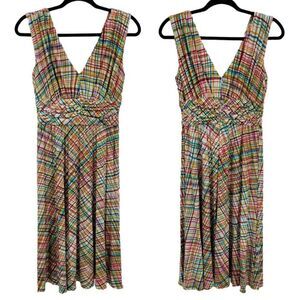 Vtg 80's Suzi Chin Maggie‎ Boutique Dress Picnic Rainbow Plaid Pleated Midi Sz 4